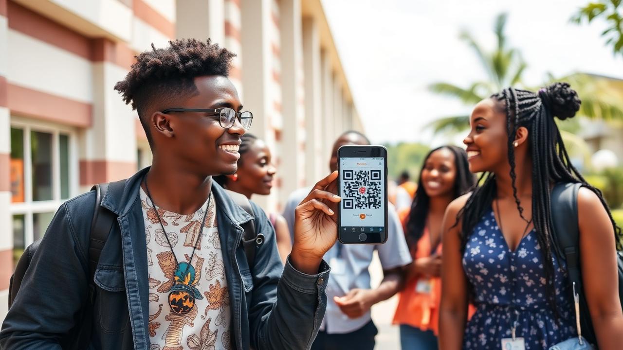 University students on campus sharing a QR code on a phone