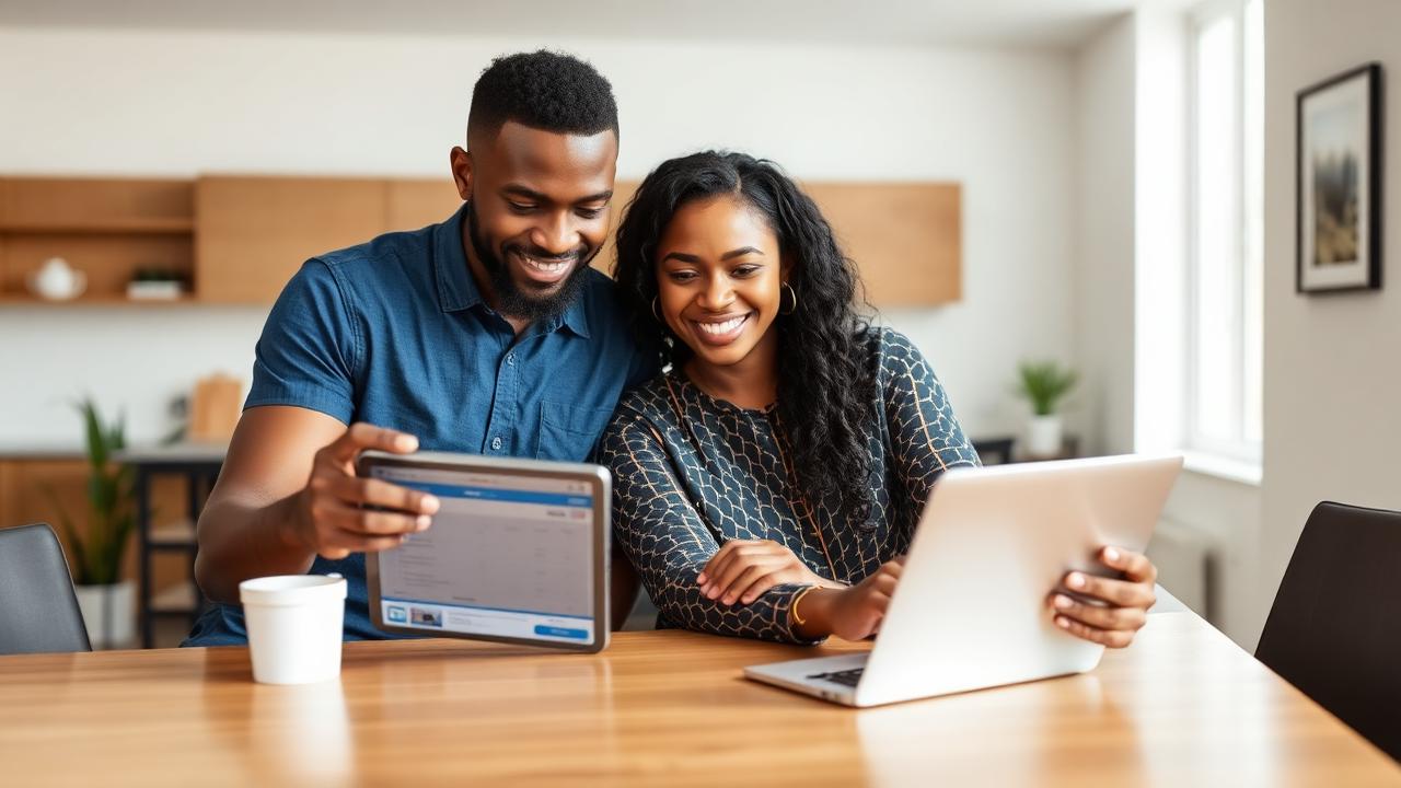 A couple comparing subscription plans on a tablet and laptop at home
