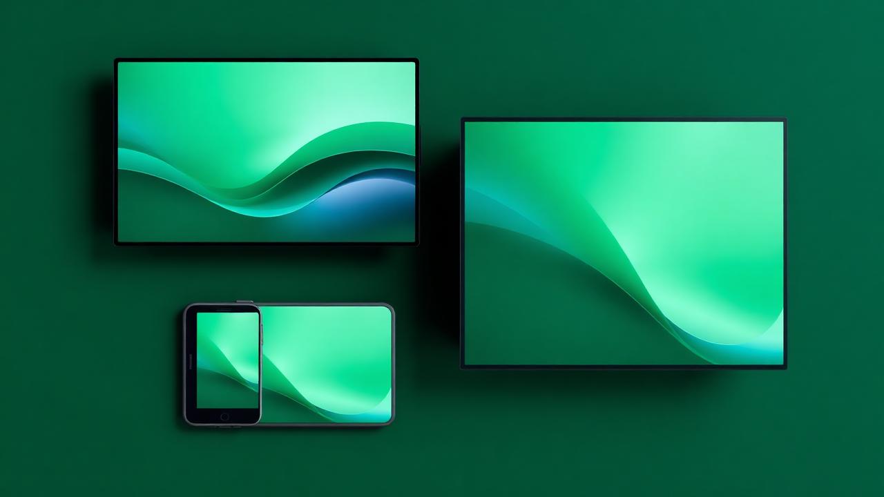 A phone, tablet, laptop and smart TV lined up on a green background