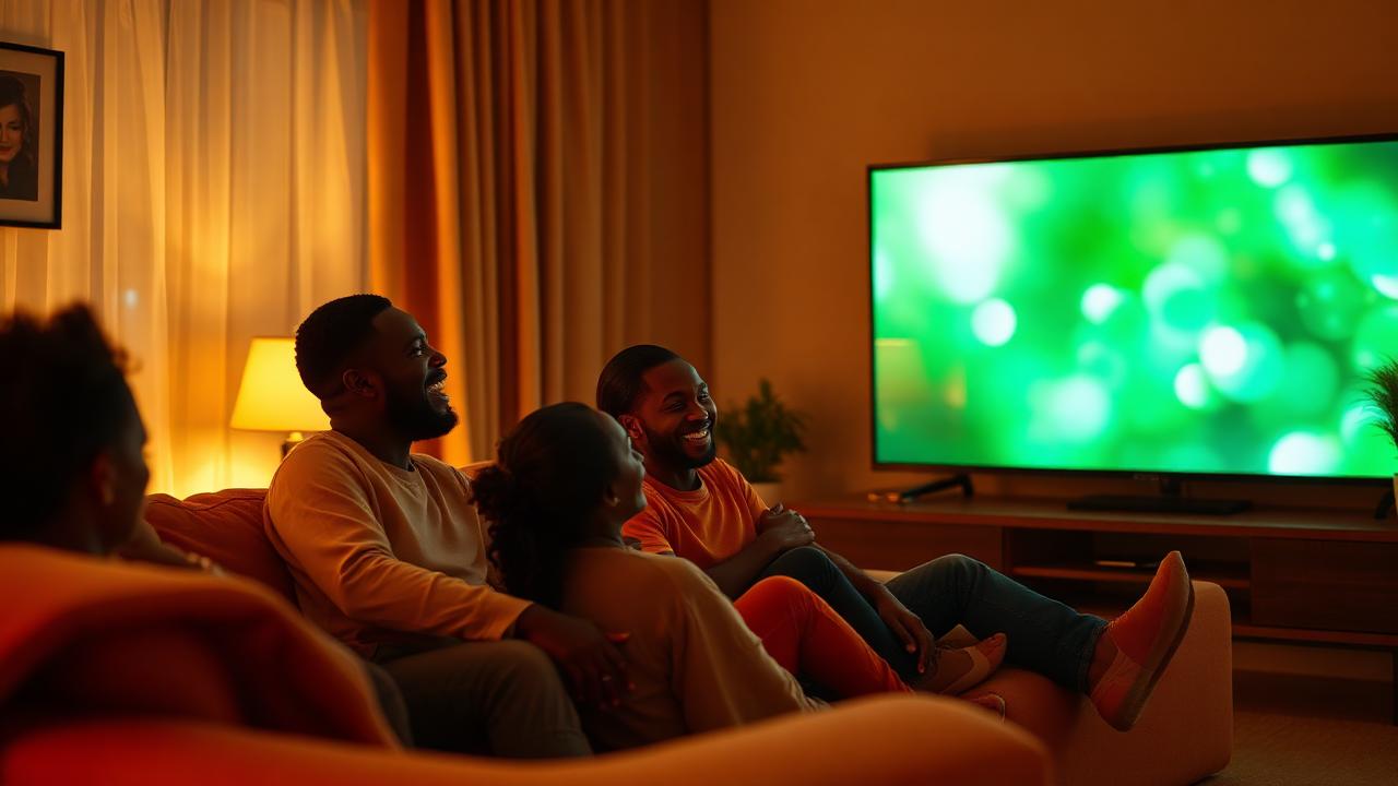 A Nigerian family laughing together while watching TV in their living room