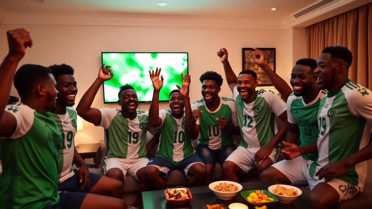 Friends in football jerseys celebrating in front of a television