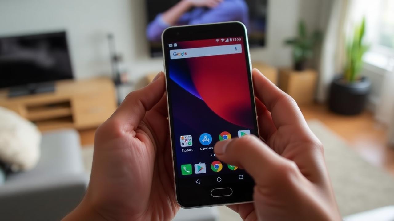 Hands holding a phone showing an app on the home screen