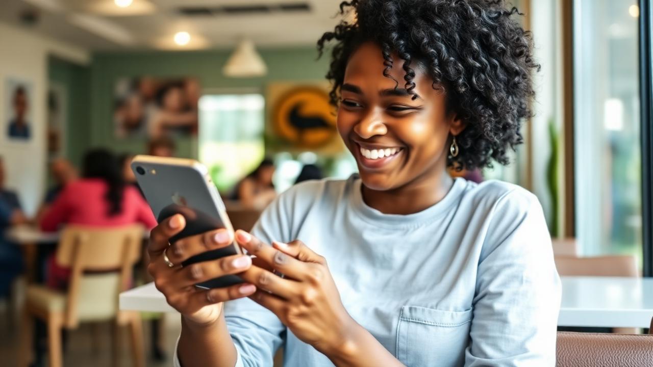 A young woman smiling while sharing a link on her phone in a cafe
