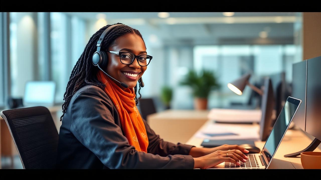 A friendly support agent wearing a headset at a desk